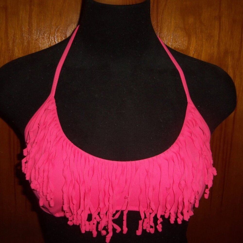 Victoria's Secret Sexy Pink/Melon Fringe Halter Bikini Top Size Small Retro 60s